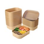17oz Disposable Kraft Paper Bowls with Lids, Rectangle | Paper Food Containers with Lids, Salad Bowls for Hot/Cold Food, Soup, Meal Prep, Ice Cream, Takeout, Party Supplies(500ml)