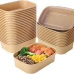 17oz Disposable Kraft Paper Bowls with Lids, Rectangle | Paper Food Containers with Lids, Salad Bowls for Hot/Cold Food, Soup, Meal Prep, Ice Cream, Takeout, Party Supplies(500ml)