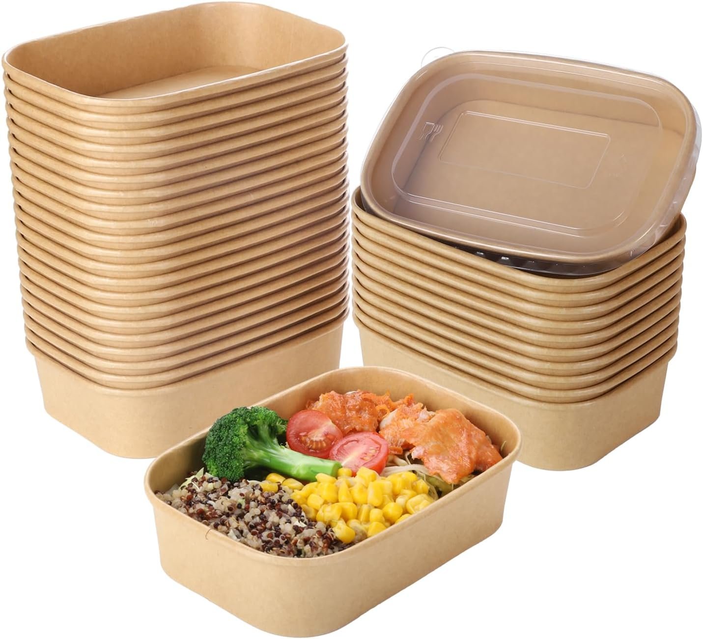 71y8xJlWq7L._AC_SL1500_ 17oz Disposable Kraft Paper Bowls with Lids, Rectangle | Paper Food Containers with Lids, Salad Bowls for Hot/Cold Food, Soup, Meal Prep, Ice Cream, Takeout, Party Supplies(500ml) - 图片 1